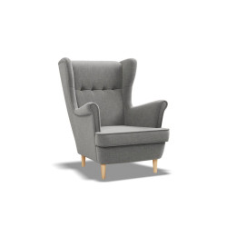 Samostatné křeslo ušák v tradičním vzhledu šedá látka + dřevěné nožky