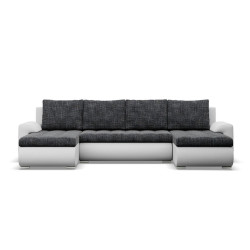 Velká rozkládací rodinná sedací souprava do U, vzhled kůže / látka, šedá + bílá, 302 cm