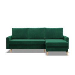 Kvalitní retro sedací souprava do L pravá zelená, sametové čalounění, 223 cm