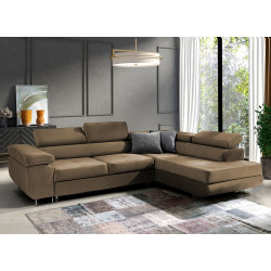 Sametová hnědá rozkládací sedací souprava pravá rohová, polohovací opěrky hlavy, 271 cm