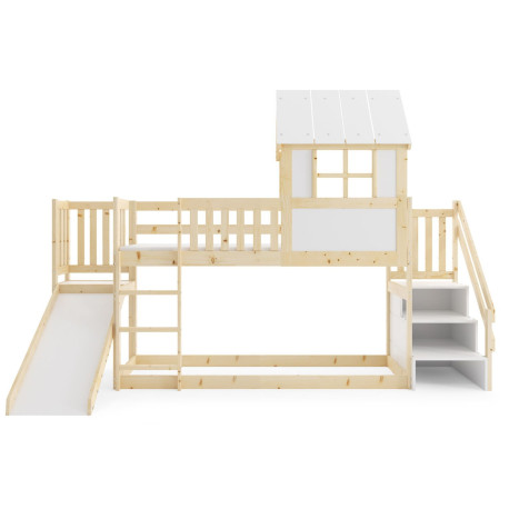 Dětská dřevěná vysoká postel na hraní domečková se skluzavkou hnědá / bílá 90x200 cm vč. matrace