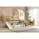 Dětská dřevěná vysoká postel na hraní domečková se skluzavkou hnědá / bílá 90x200 cm vč. matrace