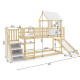 Dětská dřevěná vysoká postel na hraní domečková se skluzavkou hnědá / bílá 90x200 cm vč. matrace