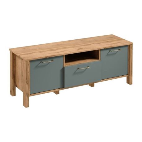 TV stolek na nožičkách 140 dub wotan / zelená, šuplík + skříňky, 138x49x40 cm