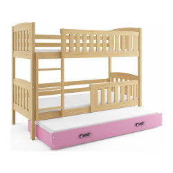 Dívčí dvoupatrová postel masivní dřevo 90x200 s výsuvným lůžkem, s rošty a matracemi, borovice / růžová
