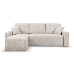 Levná manšestrová rozkládací pohovka do L s lenoškou světle béžová 232 cm